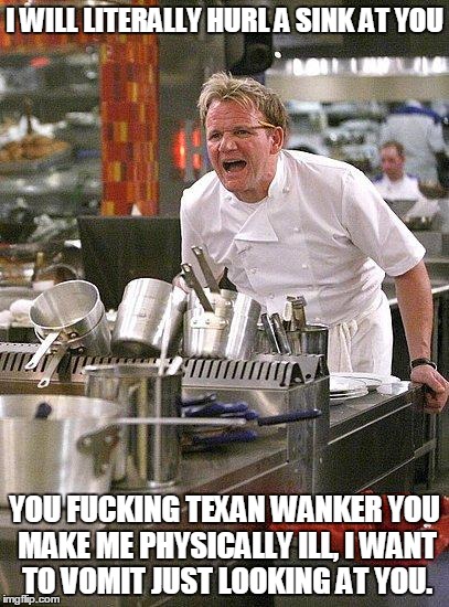hell's kitchen | I WILL LITERALLY HURL A SINK AT YOU; YOU FUCKING TEXAN WANKER YOU MAKE ME PHYSICALLY ILL, I WANT TO VOMIT JUST LOOKING AT YOU. | image tagged in hell's kitchen | made w/ Imgflip meme maker