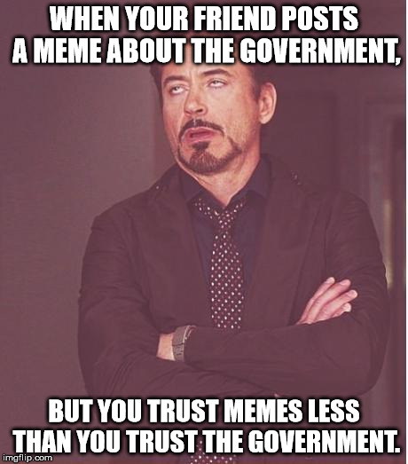 Face You Make Robert Downey Jr Meme | WHEN YOUR FRIEND POSTS A MEME ABOUT THE GOVERNMENT, BUT YOU TRUST MEMES LESS THAN YOU TRUST THE GOVERNMENT. | image tagged in memes,face you make robert downey jr | made w/ Imgflip meme maker