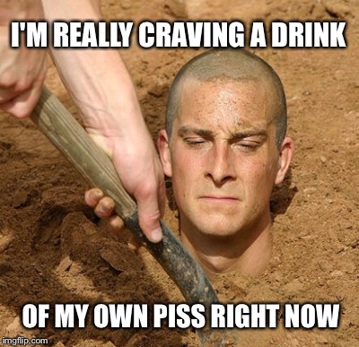 Bear Grylls In Trouble | I'M REALLY CRAVING A DRINK; OF MY OWN PISS RIGHT NOW | image tagged in bear grylls,thirsty | made w/ Imgflip meme maker