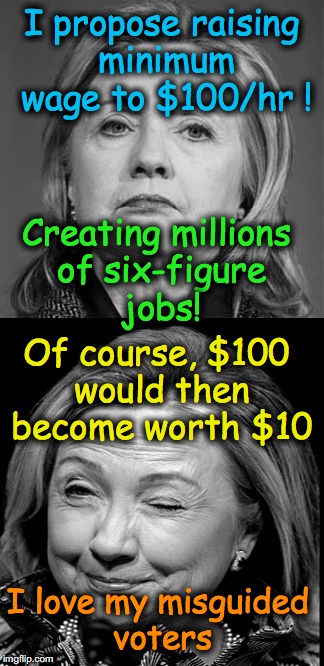 Hillary Winking | I propose raising minimum wage to $100/hr ! Creating millions of six-figure jobs! Of course, $100 would then become worth $10; I love my misguided voters | image tagged in hillary winking | made w/ Imgflip meme maker