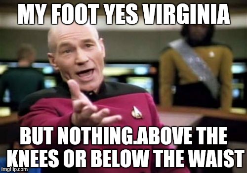 Picard Wtf Meme | MY FOOT YES VIRGINIA BUT NOTHING.ABOVE THE KNEES OR BELOW THE WAIST | image tagged in memes,picard wtf | made w/ Imgflip meme maker