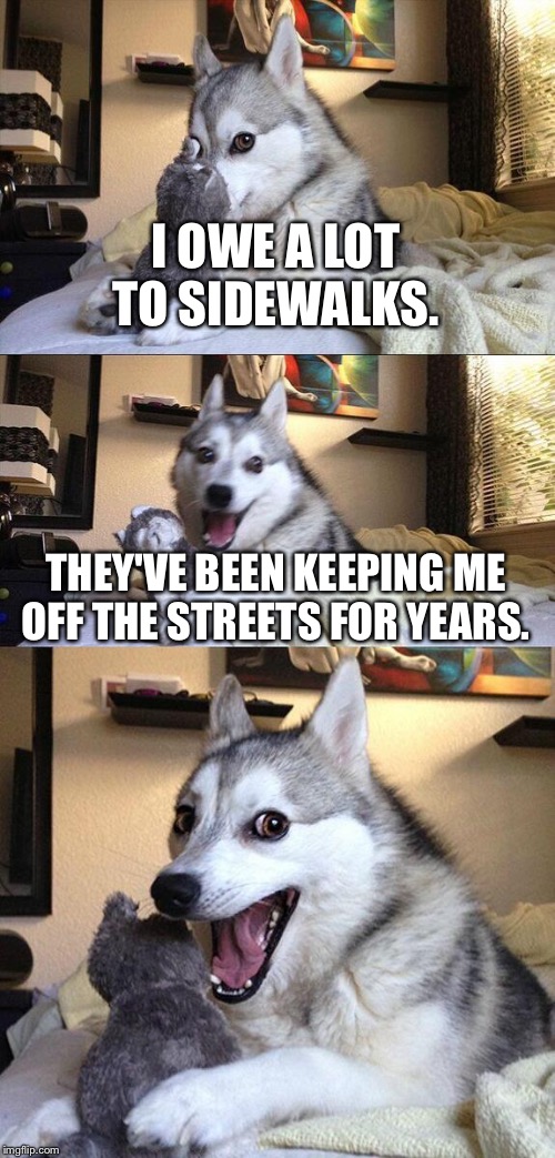 Bad Pun Dog Meme | I OWE A LOT TO SIDEWALKS. THEY'VE BEEN KEEPING ME OFF THE STREETS FOR YEARS. | image tagged in memes,bad pun dog | made w/ Imgflip meme maker