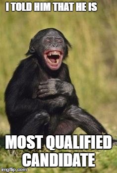 Laughing monkey | I TOLD HIM THAT HE IS; MOST QUALIFIED CANDIDATE | image tagged in laughing monkey | made w/ Imgflip meme maker