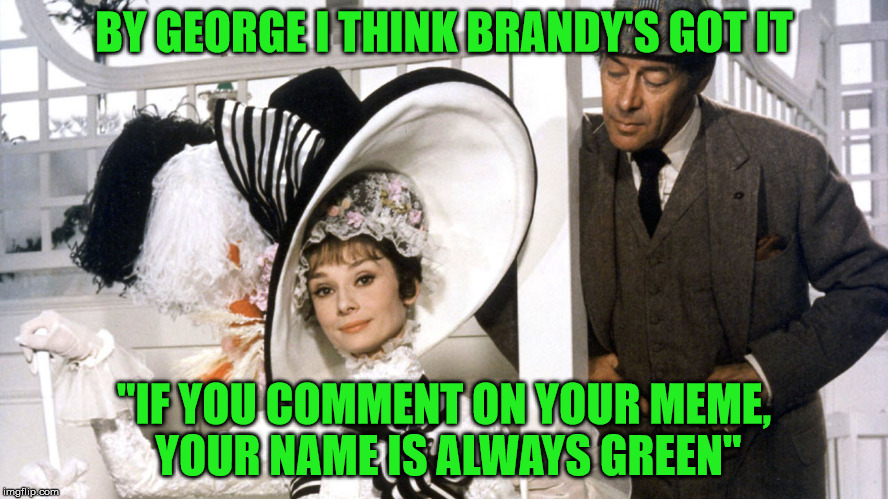 BY GEORGE I THINK BRANDY'S GOT IT "IF YOU COMMENT ON YOUR MEME, YOUR NAME IS ALWAYS GREEN" | made w/ Imgflip meme maker