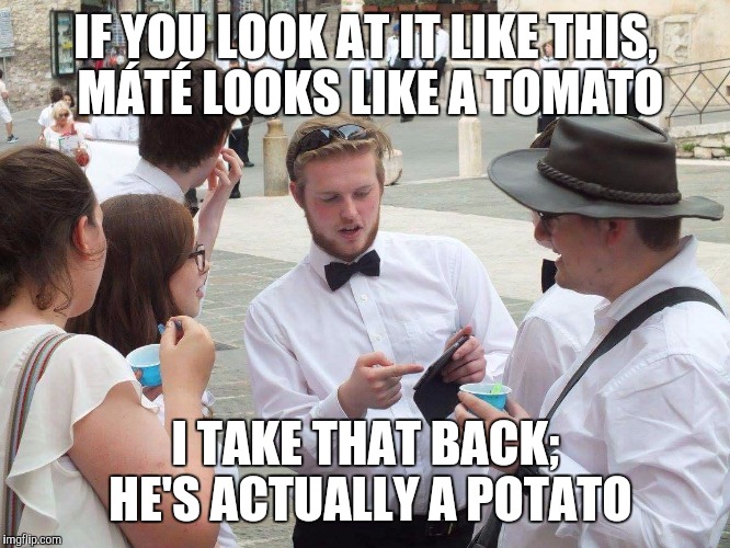 If you look at Máté like this v1 | IF YOU LOOK AT IT LIKE THIS, MÁTÉ LOOKS LIKE A TOMATO; I TAKE THAT BACK; HE'S ACTUALLY A POTATO | image tagged in if you look at it like this,mt,memes,thatbritishviolaguy | made w/ Imgflip meme maker