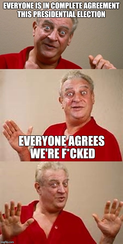 bad pun Dangerfield  | EVERYONE IS IN COMPLETE AGREEMENT THIS PRESIDENTIAL ELECTION; EVERYONE AGREES WE'RE F*CKED | image tagged in bad pun dangerfield | made w/ Imgflip meme maker