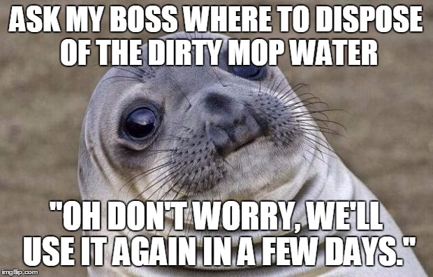 Awkward Moment Sealion Meme | ASK MY BOSS WHERE TO DISPOSE OF THE DIRTY MOP WATER; "OH DON'T WORRY, WE'LL USE IT AGAIN IN A FEW DAYS." | image tagged in memes,awkward moment sealion,AdviceAnimals | made w/ Imgflip meme maker