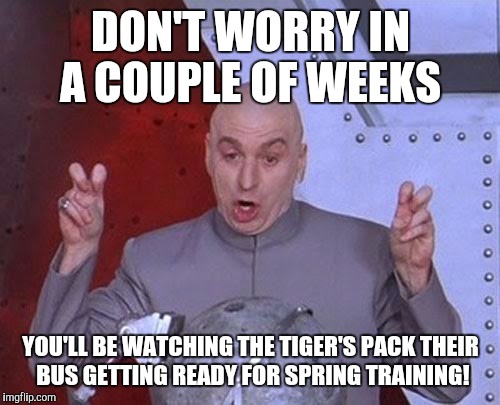 Dr Evil Laser Meme | DON'T WORRY IN A COUPLE OF WEEKS YOU'LL BE WATCHING THE TIGER'S PACK THEIR BUS GETTING READY FOR SPRING TRAINING! | image tagged in memes,dr evil laser | made w/ Imgflip meme maker