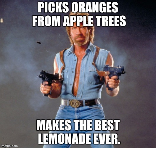 Chuck Norris Guns Meme | PICKS ORANGES FROM APPLE TREES; MAKES THE BEST LEMONADE EVER. | image tagged in chuck norris | made w/ Imgflip meme maker