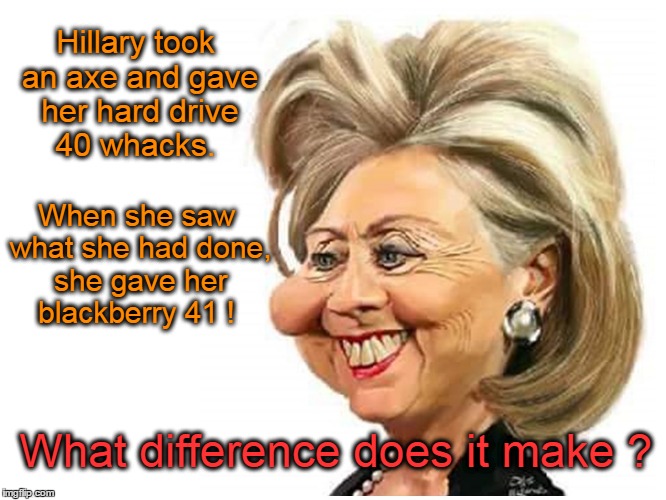 Hillary Took An Axe... | Hillary took an axe and gave her hard drive 40 whacks. When she saw what she had done, she gave her blackberry 41 ! What difference does it make ? | image tagged in hillary clinton,lizzie borden,blackberry,hard drive | made w/ Imgflip meme maker