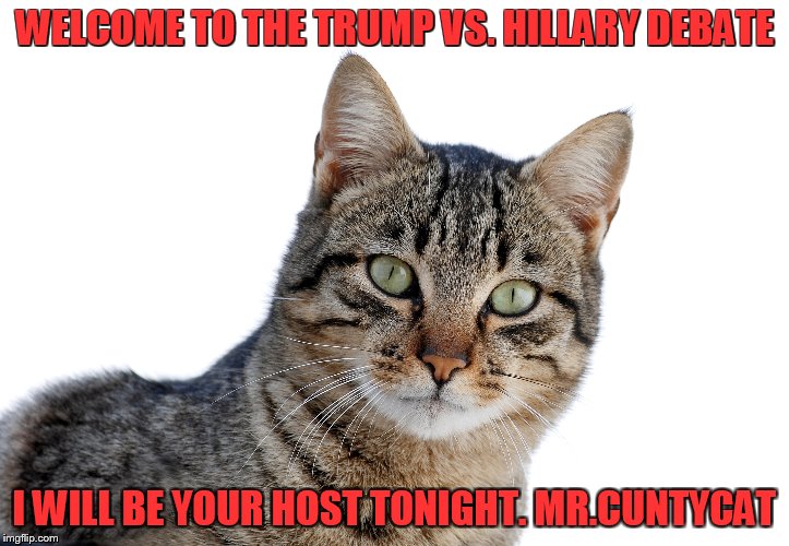 WELCOME TO THE TRUMP VS. HILLARY DEBATE; I WILL BE YOUR HOST TONIGHT. MR.CUNTYCAT | made w/ Imgflip meme maker