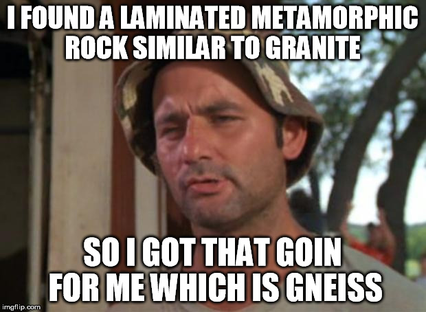 So I Got That Goin For Me Which Is Nice | I FOUND A LAMINATED METAMORPHIC ROCK SIMILAR TO GRANITE; SO I GOT THAT GOIN FOR ME WHICH IS GNEISS | image tagged in memes,so i got that goin for me which is nice | made w/ Imgflip meme maker