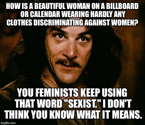 Indigo Montoya | HOW IS A BEAUTIFUL WOMAN ON A BILLBOARD OR CALENDAR WEARING HARDLY ANY CLOTHES DISCRIMINATING AGAINST WOMEN? YOU FEMINISTS KEEP USING THAT WORD "SEXIST." I DON'T THINK YOU KNOW WHAT IT MEANS. | image tagged in indigo montoya | made w/ Imgflip meme maker