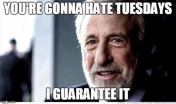 Do you hate tuesdays as much a i do? | YOU'RE GONNA HATE TUESDAYS; I GUARANTEE IT | image tagged in memes,i guarantee it | made w/ Imgflip meme maker