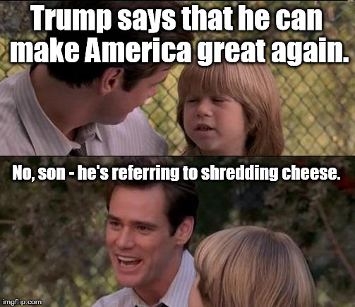 Going to make America GRATE again ... | Trump says that he can make America great again. No, son - he's referring to shredding cheese. | image tagged in memes,thats just something x say | made w/ Imgflip meme maker