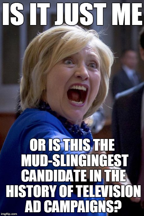 Hillary Rodham Mudslinger | IS IT JUST ME; OR IS THIS THE  MUD-SLINGINGEST CANDIDATE IN THE HISTORY OF TELEVISION AD CAMPAIGNS? | image tagged in political meme | made w/ Imgflip meme maker