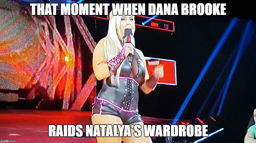 Nattie's Clothes Stealer | THAT MOMENT WHEN DANA BROOKE; RAIDS NATALYA'S WARDROBE | image tagged in pro wrestling | made w/ Imgflip meme maker