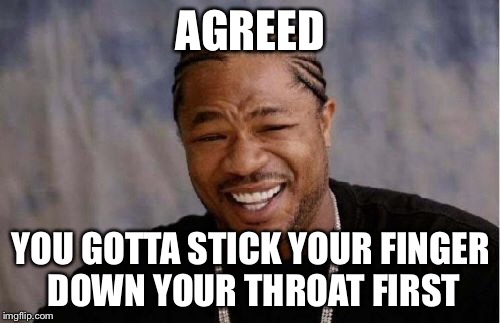 Yo Dawg Heard You Meme | AGREED YOU GOTTA STICK YOUR FINGER DOWN YOUR THROAT FIRST | image tagged in memes,yo dawg heard you | made w/ Imgflip meme maker