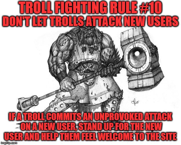 Troll Fighting Rule #10 | TROLL FIGHTING RULE #10; DON'T LET TROLLS ATTACK NEW USERS; IF A TROLL COMMITS AN UNPROVOKED ATTACK ON A NEW USER, STAND UP FOR THE NEW USER AND HELP THEM FEEL WELCOME TO THE SITE | image tagged in troll smasher | made w/ Imgflip meme maker