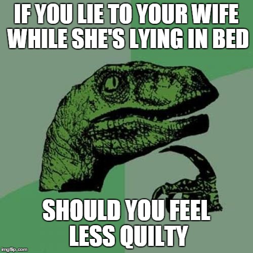 Philosoraptor | IF YOU LIE TO YOUR WIFE WHILE SHE'S LYING IN BED; SHOULD YOU FEEL LESS QUILTY | image tagged in memes,philosoraptor | made w/ Imgflip meme maker