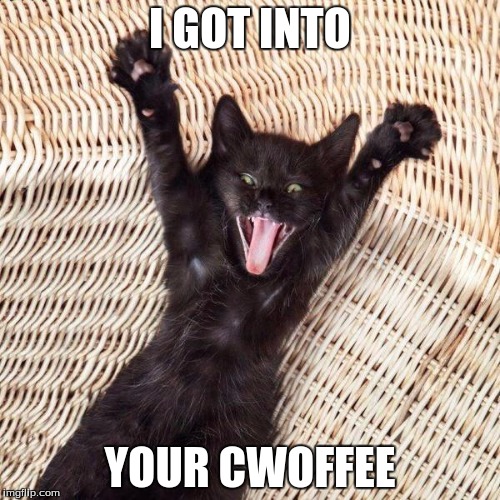 Happy cat  | I GOT INTO; YOUR CWOFFEE | image tagged in happy cat | made w/ Imgflip meme maker
