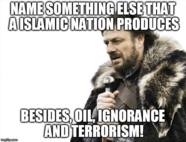 Brace Yourselves X is Coming Meme | NAME SOMETHING ELSE THAT A ISLAMIC NATION PRODUCES; BESIDES, OIL, IGNORANCE AND TERRORISM! | image tagged in memes,brace yourselves x is coming | made w/ Imgflip meme maker