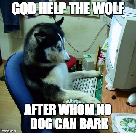 I Have No Idea What I Am Doing | GOD HELP THE WOLF; AFTER WHOM NO DOG CAN BARK | image tagged in memes,i have no idea what i am doing | made w/ Imgflip meme maker