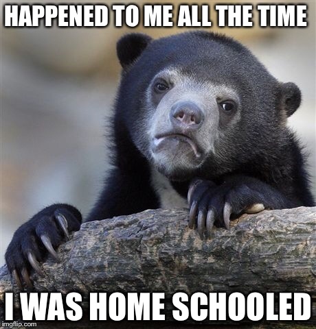 Confession Bear Meme | HAPPENED TO ME ALL THE TIME I WAS HOME SCHOOLED | image tagged in memes,confession bear | made w/ Imgflip meme maker