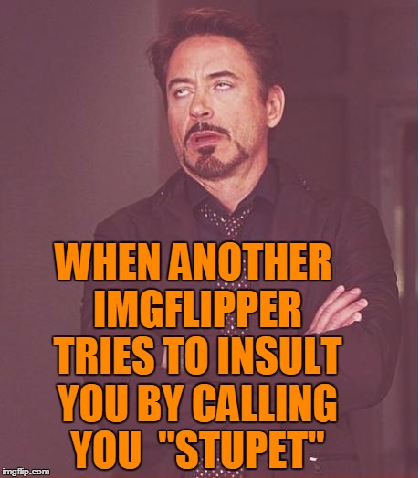 Seriously??  lol | WHEN ANOTHER IMGFLIPPER TRIES TO INSULT YOU BY CALLING YOU  "STUPET" | image tagged in memes,face you make robert downey jr | made w/ Imgflip meme maker