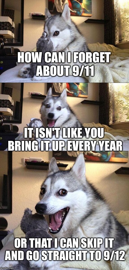 Although since it is on a Sunday, maybe I could sleep thru it. | HOW CAN I FORGET ABOUT 9/11; IT ISN'T LIKE YOU BRING IT UP EVERY YEAR; OR THAT I CAN SKIP IT AND GO STRAIGHT TO 9/12 | image tagged in memes,bad pun dog | made w/ Imgflip meme maker