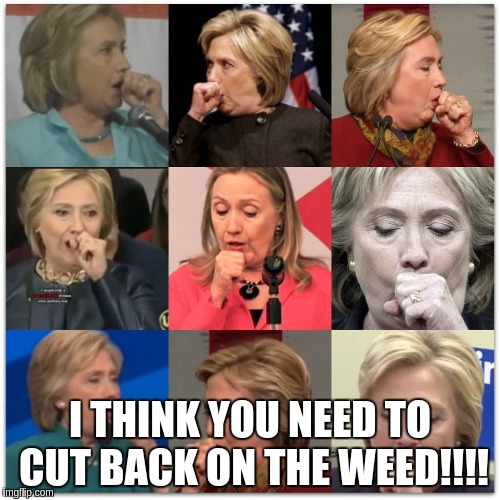 I THINK YOU NEED TO CUT BACK ON THE WEED!!!! | image tagged in hillary cough | made w/ Imgflip meme maker