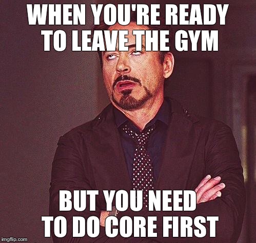 Robert Downey Jr Annoyed | WHEN YOU'RE READY TO LEAVE THE GYM; BUT YOU NEED TO DO CORE FIRST | image tagged in robert downey jr annoyed | made w/ Imgflip meme maker