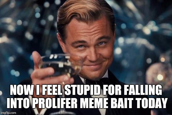 Leonardo Dicaprio Cheers Meme | NOW I FEEL STUPID FOR FALLING INTO PROLIFER MEME BAIT TODAY | image tagged in memes,leonardo dicaprio cheers | made w/ Imgflip meme maker