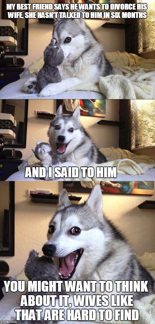 Silence is Golden | MY BEST FRIEND SAYS HE WANTS TO DIVORCE HIS WIFE, SHE HASN'T TALKED TO HIM IN SIX MONTHS; AND I SAID TO HIM; YOU MIGHT WANT TO THINK ABOUT IT, WIVES LIKE THAT ARE HARD TO FIND | image tagged in memes,bad pun dog,funny,funny memes,marriage,husbands and wives | made w/ Imgflip meme maker