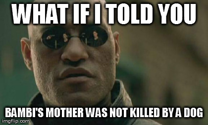 Matrix Morpheus Meme | WHAT IF I TOLD YOU BAMBI'S MOTHER WAS NOT KILLED BY A DOG | image tagged in memes,matrix morpheus | made w/ Imgflip meme maker