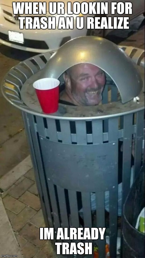 trashcan drunk | WHEN UR LOOKIN FOR TRASH AN U REALIZE; IM ALREADY TRASH | image tagged in trashcan drunk | made w/ Imgflip meme maker