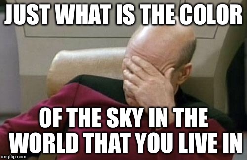 Captain Picard Facepalm Meme | JUST WHAT IS THE COLOR OF THE SKY IN THE WORLD THAT YOU LIVE IN | image tagged in memes,captain picard facepalm | made w/ Imgflip meme maker