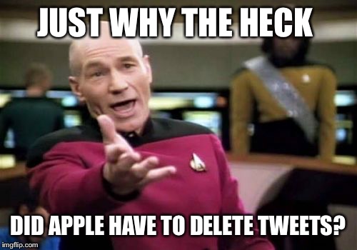 Picard Wtf | JUST WHY THE HECK; DID APPLE HAVE TO DELETE TWEETS? | image tagged in memes,picard wtf | made w/ Imgflip meme maker