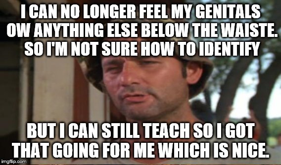 I CAN NO LONGER FEEL MY GENITALS OW ANYTHING ELSE BELOW THE WAISTE. SO I'M NOT SURE HOW TO IDENTIFY BUT I CAN STILL TEACH SO I GOT THAT GOIN | made w/ Imgflip meme maker