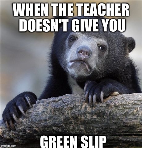 Confession Bear | WHEN THE TEACHER DOESN'T GIVE YOU; GREEN SLIP | image tagged in memes,confession bear | made w/ Imgflip meme maker