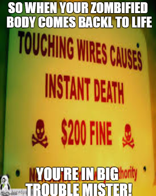 Well then... | SO WHEN YOUR ZOMBIFIED BODY COMES BACKL TO LIFE; YOU'RE IN BIG TROUBLE MISTER! | image tagged in zombies,fine,tickets | made w/ Imgflip meme maker