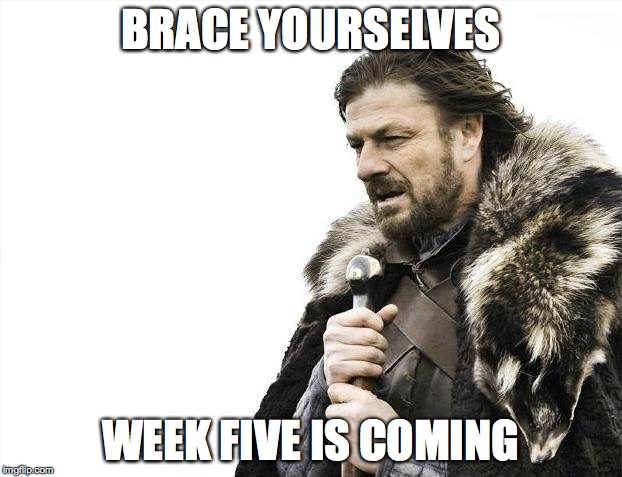 Brace Yourselves X is Coming Meme | BRACE YOURSELVES; WEEK FIVE IS COMING | image tagged in memes,brace yourselves x is coming | made w/ Imgflip meme maker