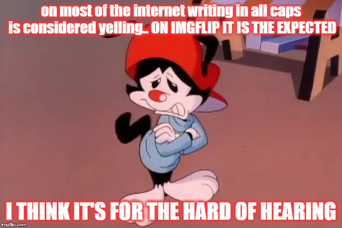 wakko | on most of the internet writing in all caps is considered yelling.. ON IMGFLIP IT IS THE EXPECTED; I THINK IT'S FOR THE HARD OF HEARING | image tagged in wakko | made w/ Imgflip meme maker