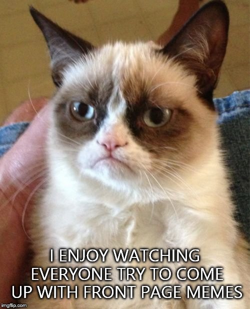 Grumpy Cat Meme | I ENJOY WATCHING EVERYONE TRY TO COME UP WITH FRONT PAGE MEMES | image tagged in memes,grumpy cat | made w/ Imgflip meme maker