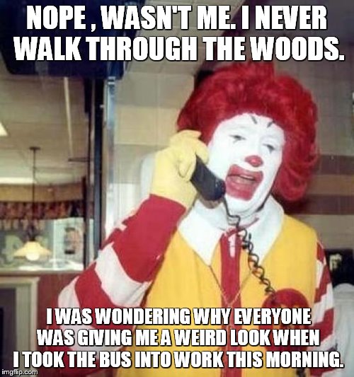 ronald mcdonalds call | NOPE , WASN'T ME. I NEVER WALK THROUGH THE WOODS. I WAS WONDERING WHY EVERYONE WAS GIVING ME A WEIRD LOOK WHEN I TOOK THE BUS INTO WORK THIS MORNING. | image tagged in ronald mcdonalds call | made w/ Imgflip meme maker