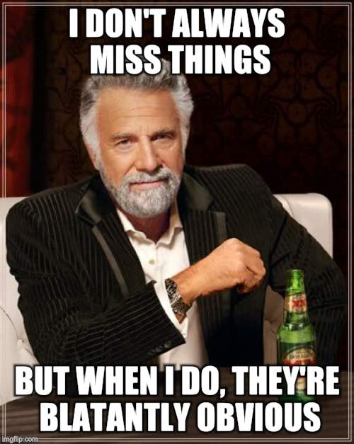 The Most Interesting Man In The World Meme | I DON'T ALWAYS MISS THINGS BUT WHEN I DO, THEY'RE BLATANTLY OBVIOUS | image tagged in memes,the most interesting man in the world | made w/ Imgflip meme maker