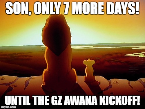 Lion King | SON, ONLY 7 MORE DAYS! UNTIL THE GZ AWANA KICKOFF! | image tagged in memes,lion king | made w/ Imgflip meme maker