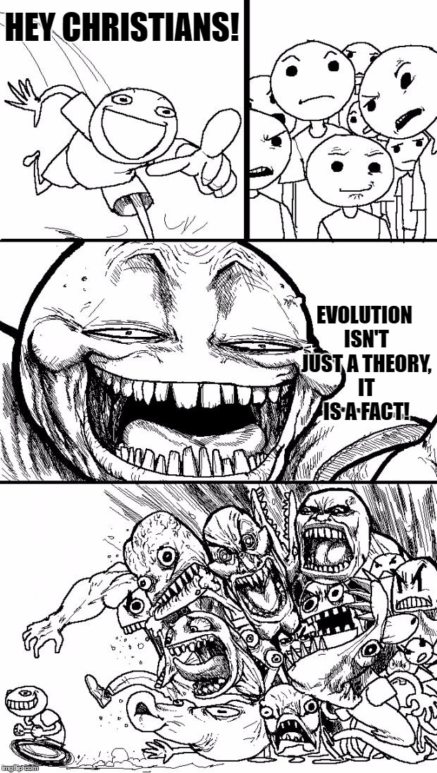 Hey Christians | HEY CHRISTIANS! EVOLUTION ISN'T JUST A THEORY, IT IS A FACT! | image tagged in memes,hey internet,christians,evolution,theory,fact | made w/ Imgflip meme maker