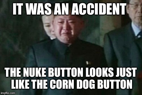 Kim Jong Un Sad Meme | IT WAS AN ACCIDENT; THE NUKE BUTTON LOOKS JUST LIKE THE CORN DOG BUTTON | image tagged in memes,kim jong un sad | made w/ Imgflip meme maker