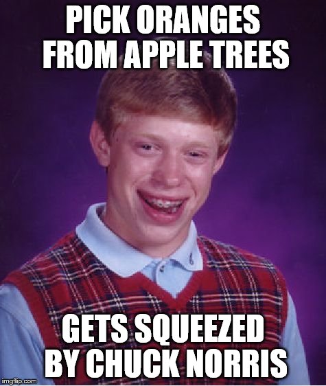 Bad Luck Brian Meme | PICK ORANGES FROM APPLE TREES GETS SQUEEZED BY CHUCK NORRIS | image tagged in memes,bad luck brian | made w/ Imgflip meme maker